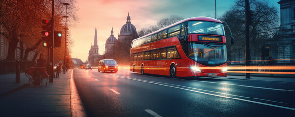 Red modern style London Doubledecker Bus in almost night city.