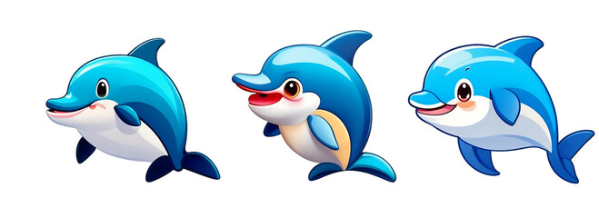 Set of 3 cartoon dolphin characters isolated on transparent PNG background PNG AI Generative
