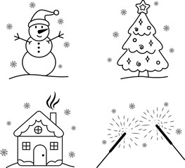 A New Year vector set with a snowman, a Christmas tree, a house and sparklers. Vector illustration for the new year.