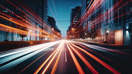 Fototapeta na wymiar Long exposure photograph of car lights on a busy urban road at night, creating mesmerizing light trails