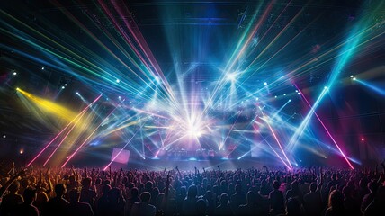 Fototapeta na wymiar A concert venue filled with beams of colorful laser lights moving to the rhythm of music, representing the excitement of live performances