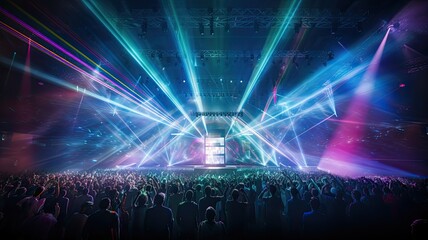 A concert venue filled with beams of colorful laser lights moving to the rhythm of music, representing the excitement of live performances - obrazy, fototapety, plakaty