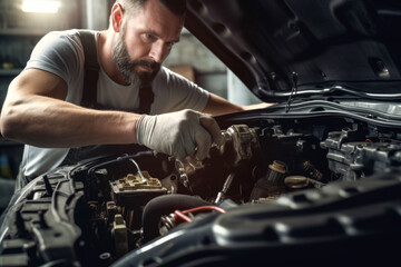 Machanic repair  a car engine in the garage autmotive wokshop. Generative Ai - obrazy, fototapety, plakaty
