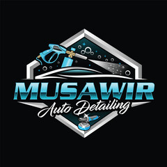 Vector illustration of a modern auto detailing logo with a car on the black background