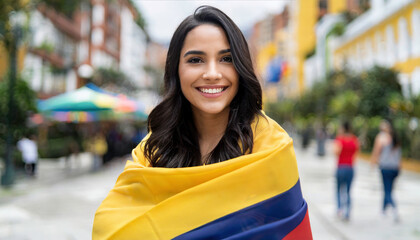 Beautiful woman wrapped in Colombia flag - obrazy, fototapety, plakaty