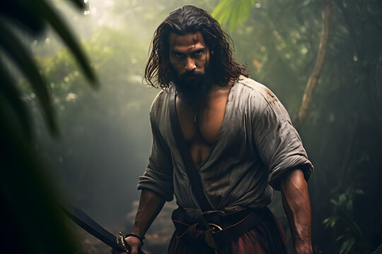 jungle dude, tarzan, tribal jungle person, explorer, junbgle man with machete