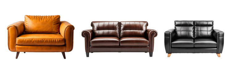 Luxurious elegant cozy leather patterned sofa with cushions isolated on transparent background PNG AI Generative
