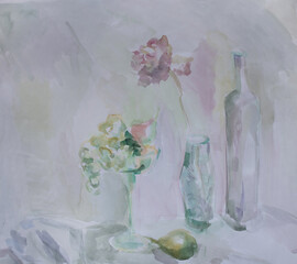 Laconic white still life with space for text. Watercolor painting.
