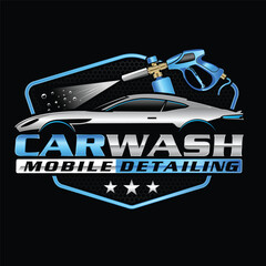 Vector illustration of a modern car wash logo with a car on the black background - obrazy, fototapety, plakaty