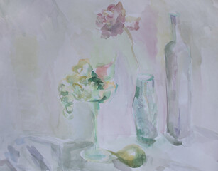 Laconic pastel color still life with space for text. Watercolor painting.