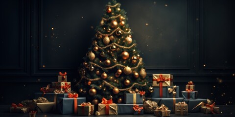 christmas tree with presents on dark background