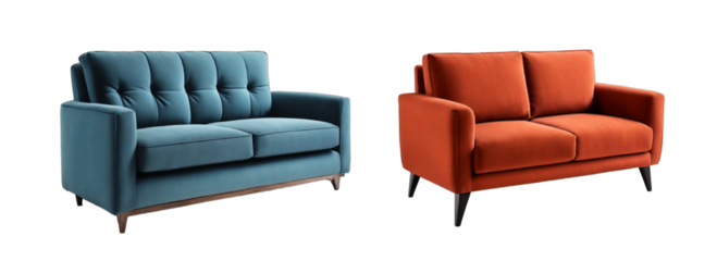Set of retro vintage blue and orange armchairs double seat sofas isolated on transparent background PNG AI Generative