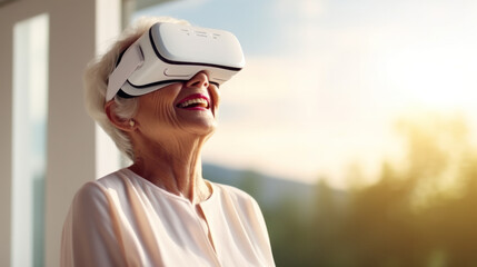 Senior woman watching video via vr glasses