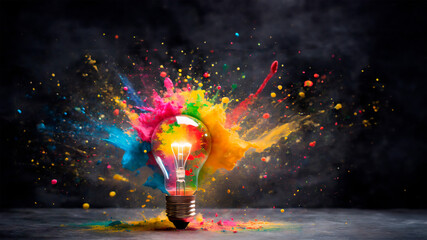 Creative light bulb explodes with colorful paint and splashes on a dark background. Idea, creativity, invention, thought. - obrazy, fototapety, plakaty