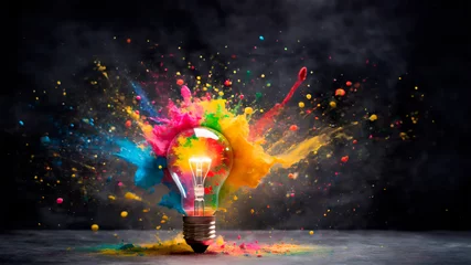 Foto op Plexiglas Creative light bulb explodes with colorful paint and splashes on a dark background. Idea, creativity, invention, thought. © Gabriel