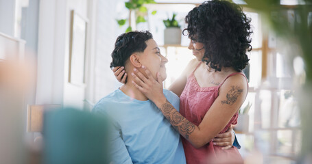 Love, lesbian couple, gay women or bisexual girlfriend bond, smile and home romantic connection. LGBT, passion and transgender people relax with marriage partner in Costa Rica hotel