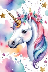 Cute Watercolor Unicorn Head with Flower. Generative AI
