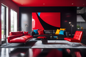The living room is a contemporary and vibrant space with a bright red accent wall, a sleek black leather sofa, a glass coffee table, and colorful abstract art on the walls. Generative AI