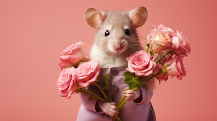  a mouse holding a bouquet of pink roses in its hands.  generative ai