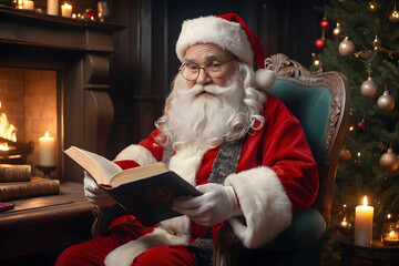  Santa Claus sits in a rustic armchair next to a fireplace under the Christmas tree in candlelight and reads a book