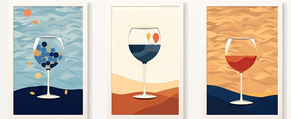 vector set of three flat cards showing glasses of wine Generative AI