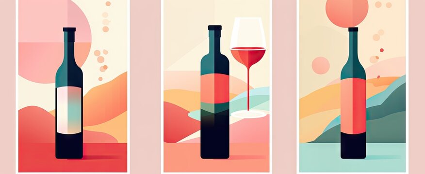 a set of three banners featuring wine bottles and wine glasses Generative AI