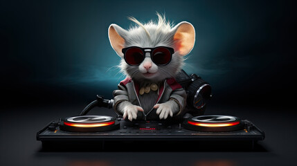  a mouse dj playing music on a turntable with sunglasses on.  generative ai