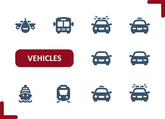 Vehicles Icons. Vehicle, Car, Plane, Ship, Bus, Taxi, Police Car Icon