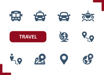 Travel Icons. Transportation, Tourism, Bus, Taxi, Car, Plane, Map, Location, Destination, Globe, Earth Icon