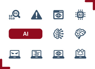 AI Icons. Artificial Intelligence, Machine Learning, Technology, Microchip, Brain, Coding, Programming Icon