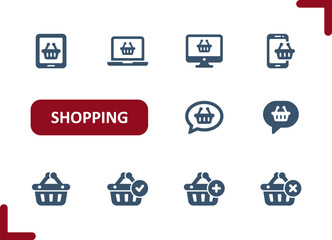 Online Shopping Icons. E-commerce, Retail, Computer, Mobile Phone, Laptop, Smartphone, Shopping Basket Icon