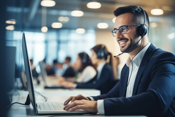 Business people wearing headset working in office to support remote customer or colleague. Call center