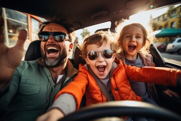 Cheerful family raising hands while enjoying road trip in electric car