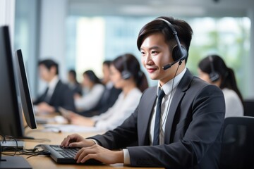 Business people wearing headset working in office to support remote customer or colleague. Call center