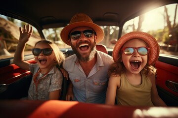 Cheerful family raising hands while enjoying road trip in electric car