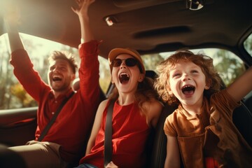 Cheerful family raising hands while enjoying road trip in electric car