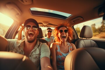 Cheerful family raising hands while enjoying road trip in electric car - obrazy, fototapety, plakaty