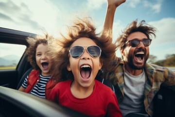 Cheerful family raising hands while enjoying road trip in electric car
