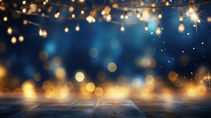 christmas holiday illumination and decoration concept - christmas garland bokeh lights over dark blue background - obrazy, fototapety, plakaty