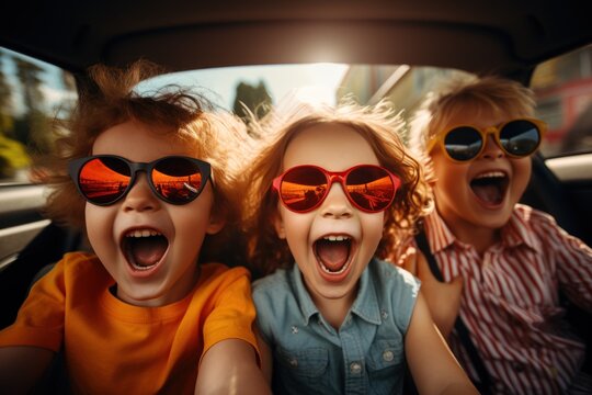 Cheerful family raising hands while enjoying road trip in electric car - Powered by Adobe