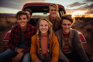 Full length of smiling siblings sitting on car trunk