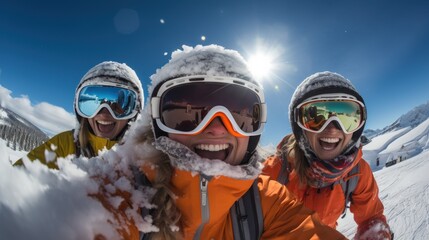Group of friends having fun in the snow on a sunny day.
