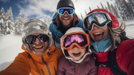 Group of friends having fun in the snow on a sunny day.
