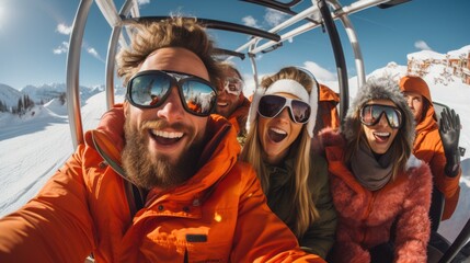 Group of friends having fun in the snow on a sunny day.