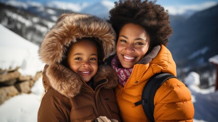 Obraz premium Happy african american mother and daughter in winter clothes.