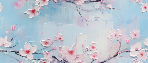 Abstract watercolor painting with white and pink flowers on blue background.