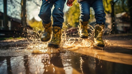 Happy children having fun in rubber boots jumping in a puddle - obrazy, fototapety, plakaty