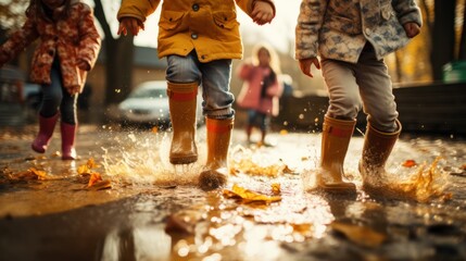 Happy children having fun in rubber boots jumping in a puddle - obrazy, fototapety, plakaty