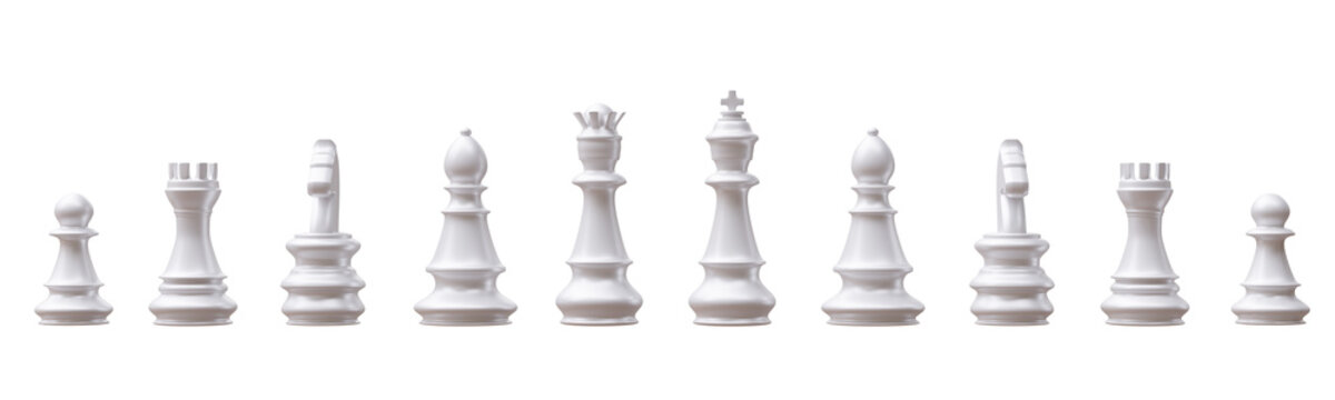 White chess pieces set isolated on white transparent background. PNG. Business strategy concept