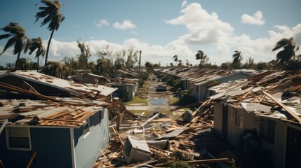 Hurricane force winds destroy roofs of suburban homes in mobile home neighborhoods in Florida.